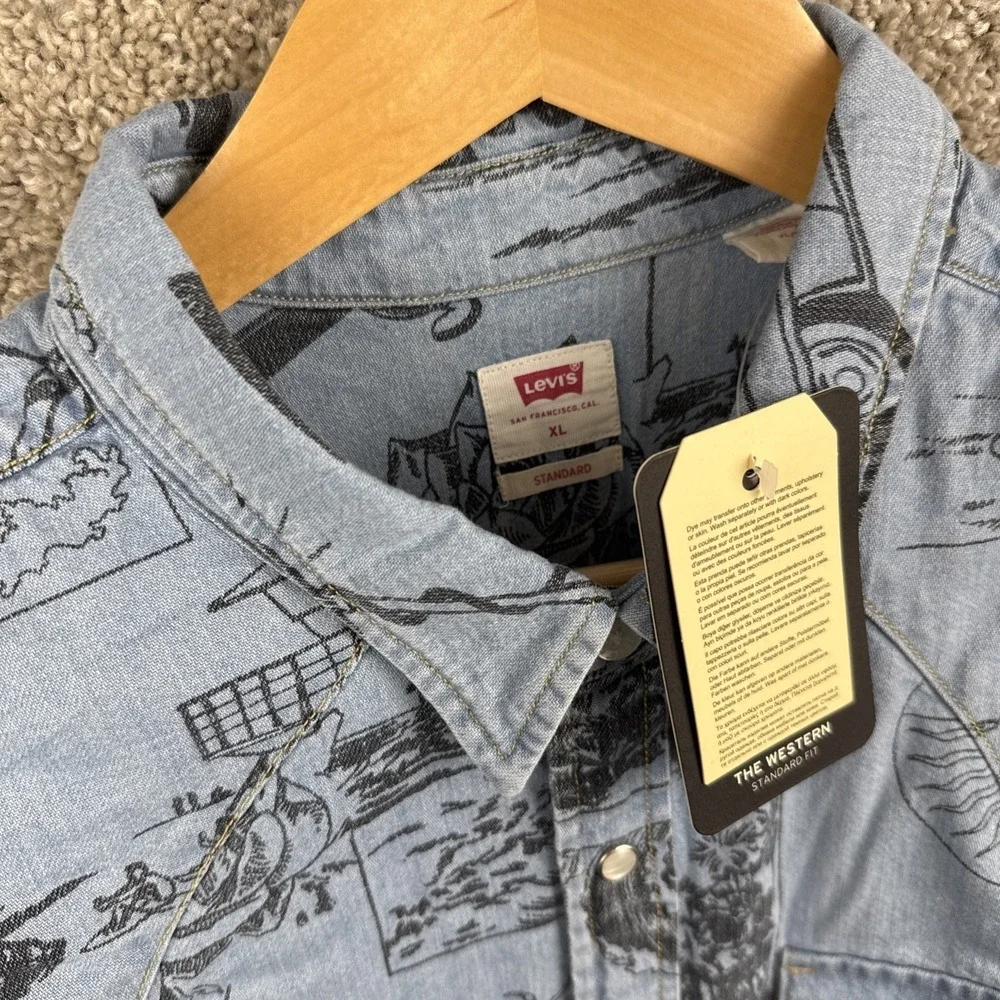 Levis The Western Standard Fit Mens XL Light Blue Beach Surf Snap Shirt NEW